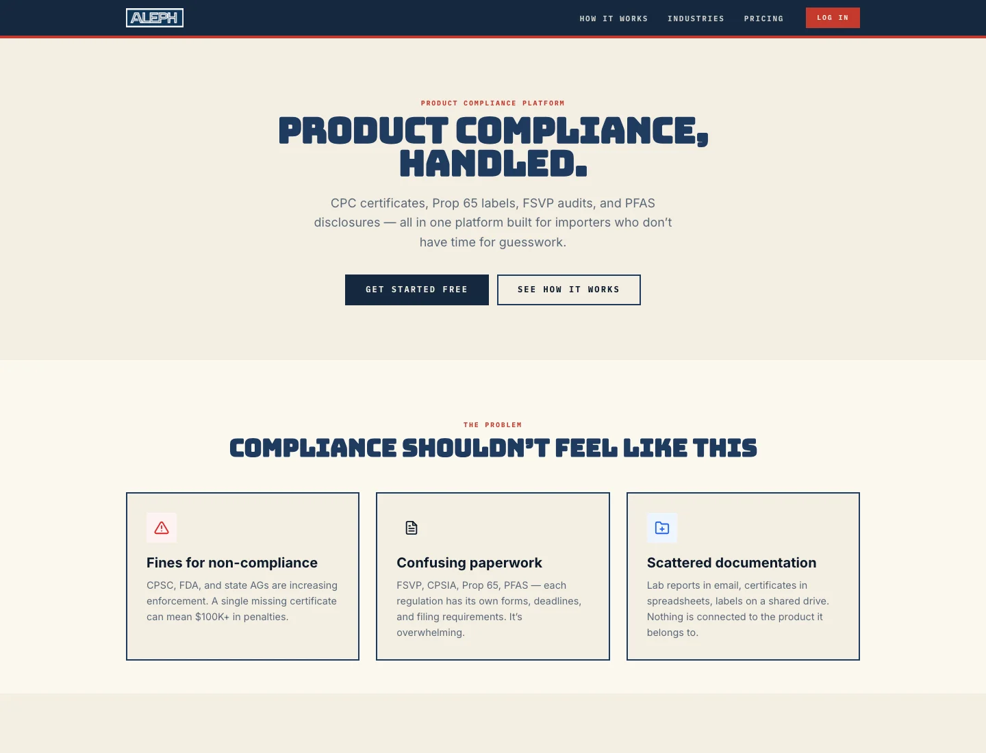 alephco.io homepage — Product Compliance, Handled. CPC certificates, Prop 65 labels, FSVP audits, and PFAS disclosures in one platform