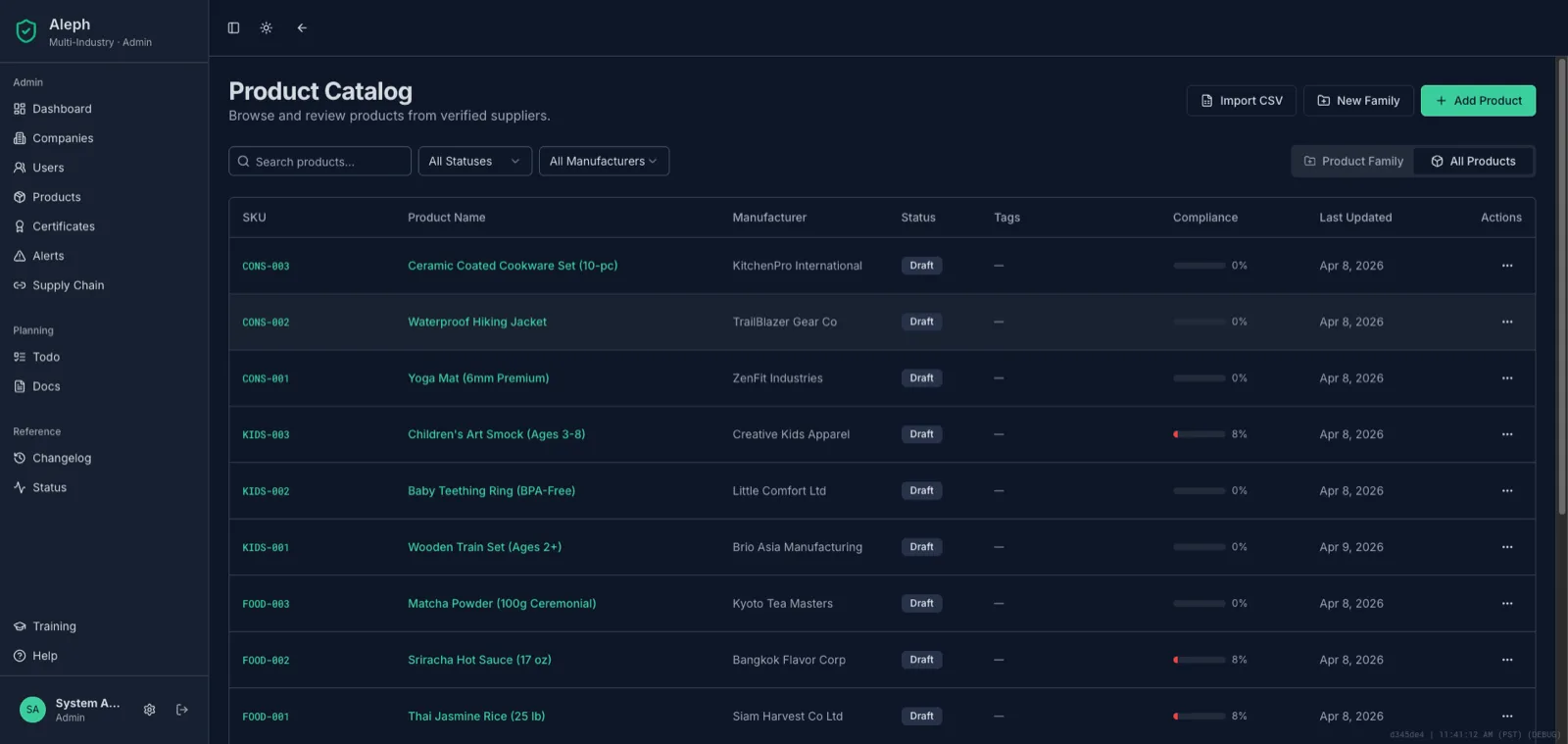 Products list view with compliance module badges