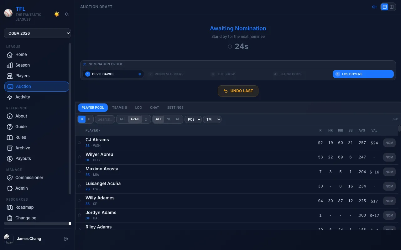 Live auction draft in dark mode showing nomination and bidding
