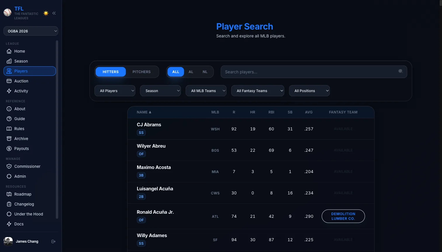 Player stats table with search and filtering