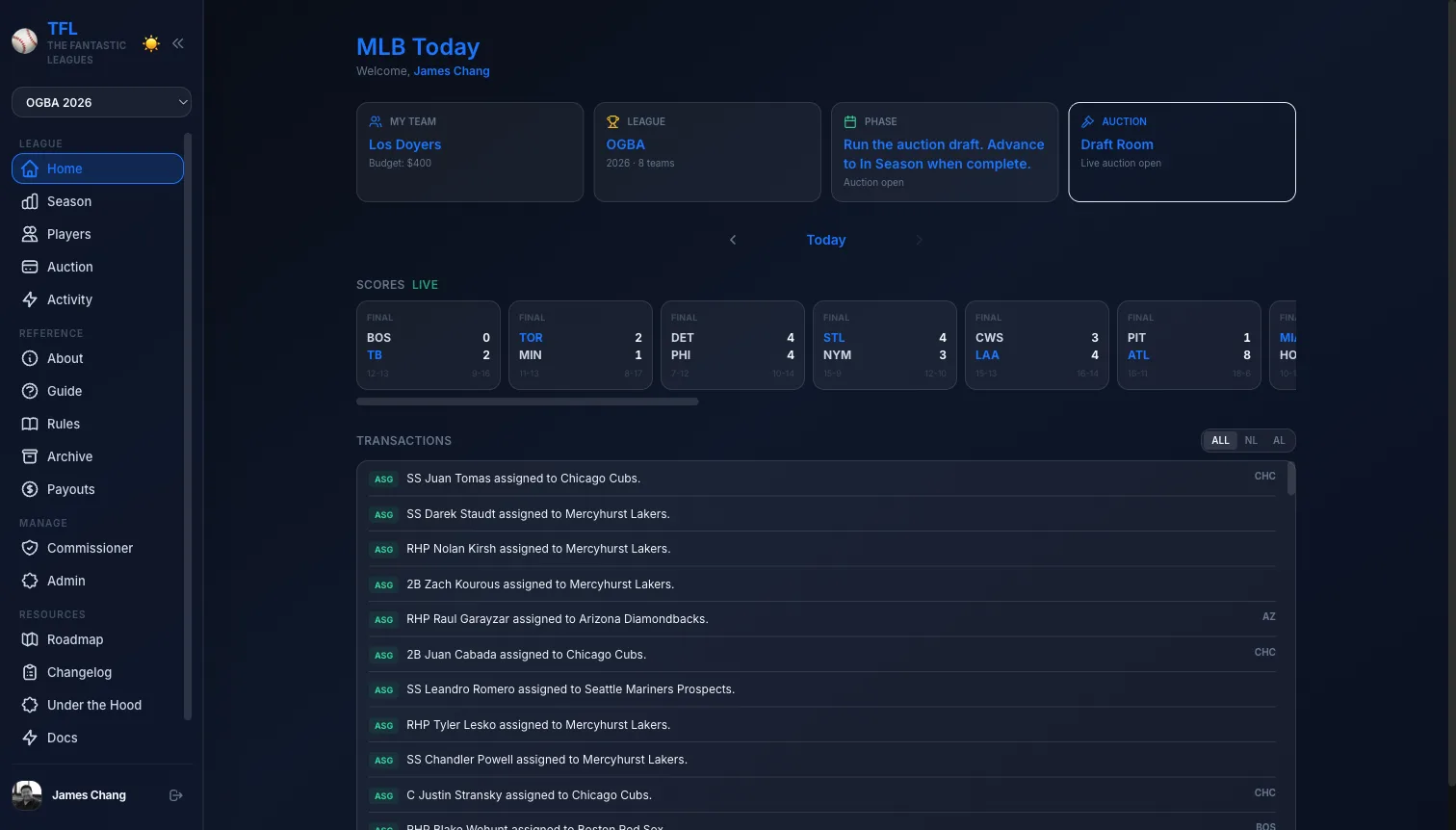 Home dashboard with live standings and team overview