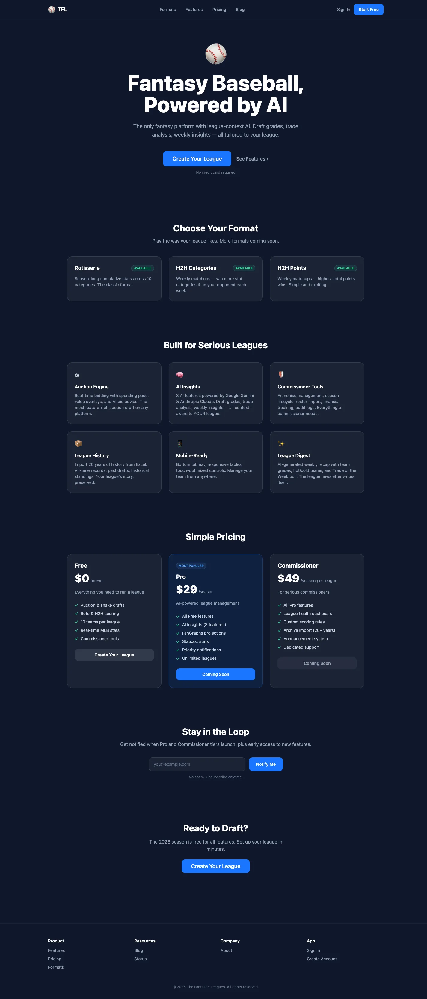 The Fantastic Leagues marketing site home page
