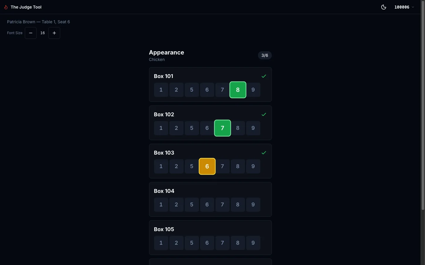 Judge scoring interface showing the 4-phase flow
