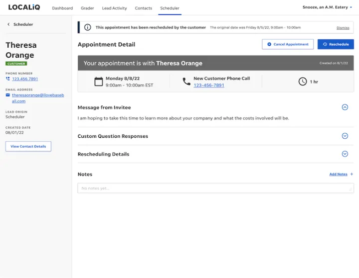 LocaliQ Scheduling — appointment detail view with customer info, rescheduling, and notes