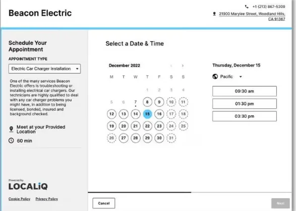 LocaliQ Scheduling — customer-facing booking widget on a Beacon Electric microsite, with a calendar and time-slot picker for a 60-minute appointment